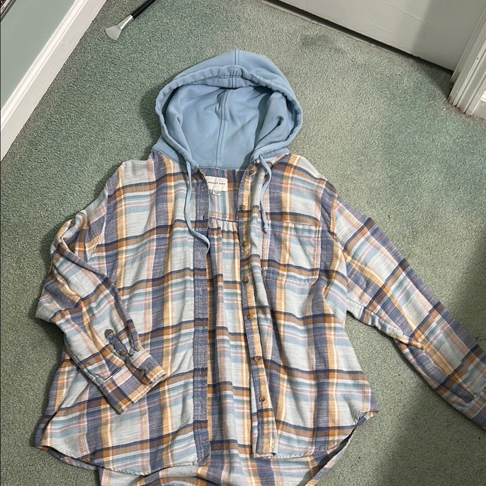 American Eagle Outfitters Light Blue Plaid Hooded Flannel Shirt